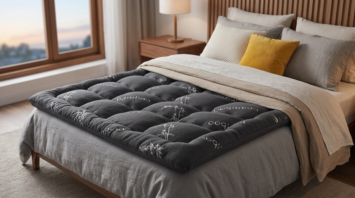 Bamboo comforter and sheets on a made bed in morning light